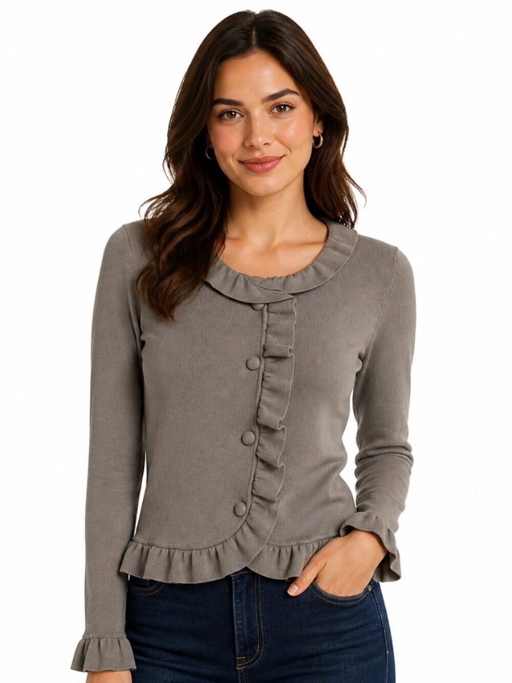 Irie Wash Taupe Ruffle Trim Cardigan Sweater